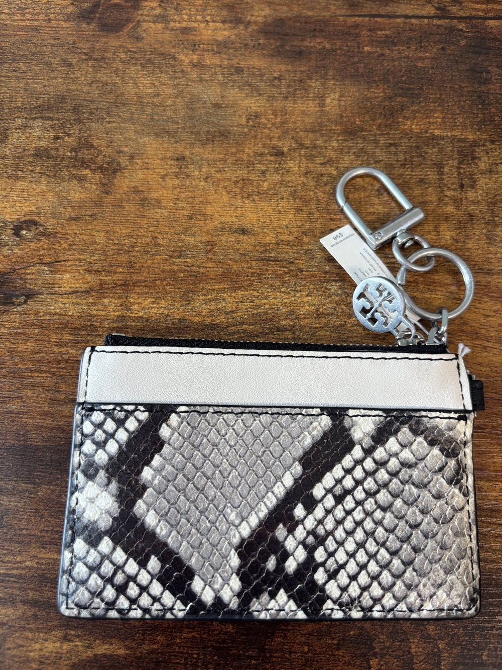 Tory Burch Snake-Print Leather Card Wallet with Key Ring - Black & White